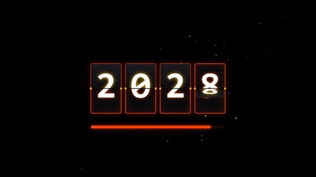 2027 flip clock split‑flap display with glowing loading bar retro tech background