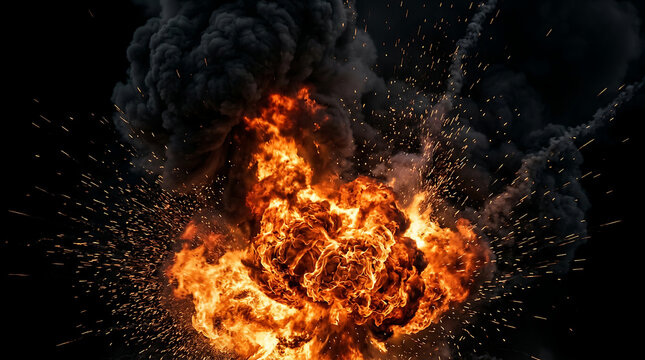 Fiery explosion with debris and smoke against a void representing destructive power and chaos