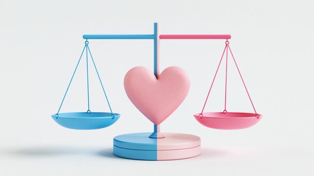 A pair of balance scales featuring a heart symbol demonstrates the emotional equilibrium between masculine and feminine energies while highlighting the importance of harmony in various