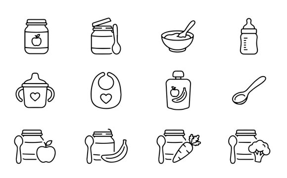 Baby food and feeding accessories linear line art vector icons set