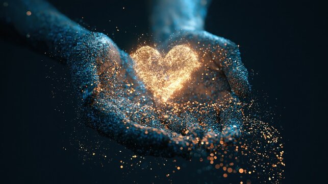 A pair of human palms gently cradles a glowing heart made of radiant golden dust particles that shimmer and float through the darkness as a symbol of compassion and eternal love for all humanity