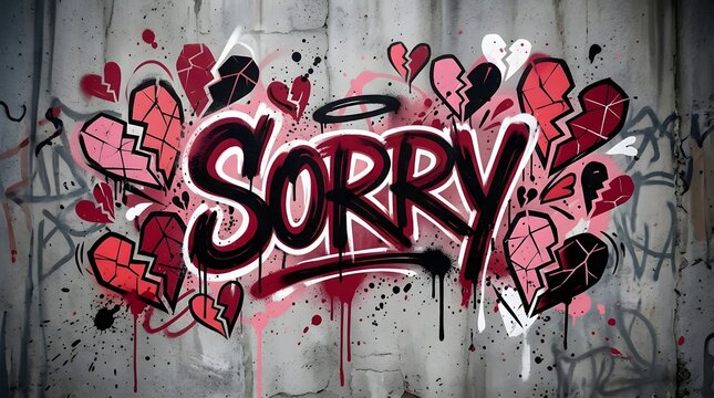 Emotional Sorry graffiti lettering surrounded by hearts and pink decorative elements, combining bold black and red typography with expressive urban paint textures.