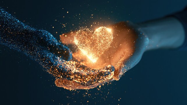 A glowing golden heart shape emerges from the magical convergence of two human hands representing the powerful connection between souls seeking deep emotional unity during this wondrous life