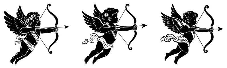 Naklejka premium Cute Cupid Cherub Silhouettes with Bows and Arrows Set, Romantic Valentine's Day Design Elements for Wedding and Love