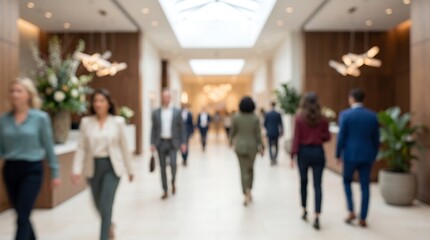 Fototapeta premium Business professionals walking in blurred motion through luxury hotel or office lobby with white marble floors and floral arrangements