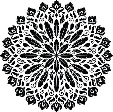 Intricate black and white circular mandala pattern featuring symmetrical floral elements and decorative ornate geometric artistic shapes