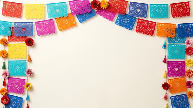 Colorful Papel Picado Garland Decoration for Hispanic Heritage Month Cultural Celebration Background