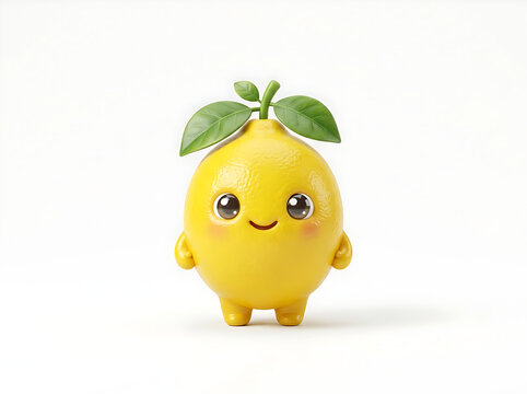 Adorable 3D render of a cute cartoon lemon character. Bright yellow oval lemon with textured peel, green stem and three fresh green leaves on top. It has big sparkling brown eyes, subtle pink blush ch