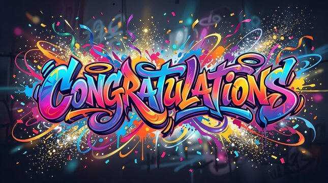 Multicolored Congratulations graffiti lettering with swirling decorative forms, glowing highlights, and energetic paint effects on a vibrant urban background.