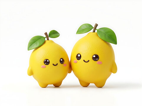 Adorable 3D render of a cute cartoon lemon character. Bright yellow oval lemon with textured peel, green stem and three fresh green leaves on top. It has big sparkling brown eyes, subtle pink blush ch