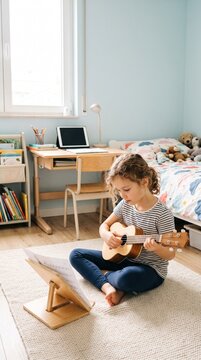 Child practices music while tablet stays closed