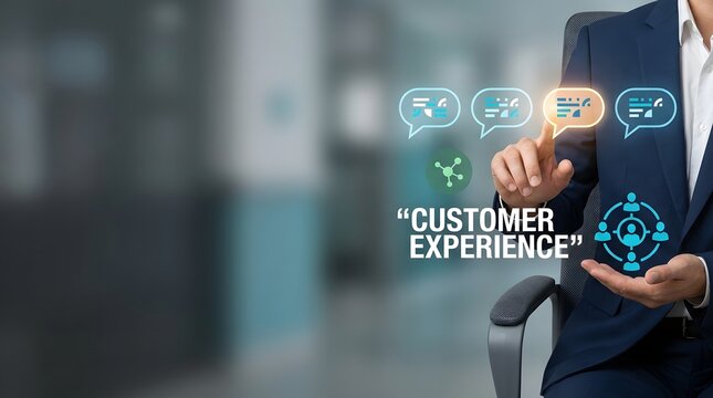 Business professional interacting with digital customer experience icons on a virtual interface