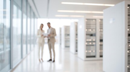 Fototapeta premium Two business professionals reviewing documents in bright modern server room with white cabinets