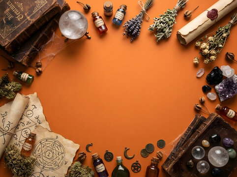 Halloween mystical flat lay with magic potions, old books, and crystals around central copyspace