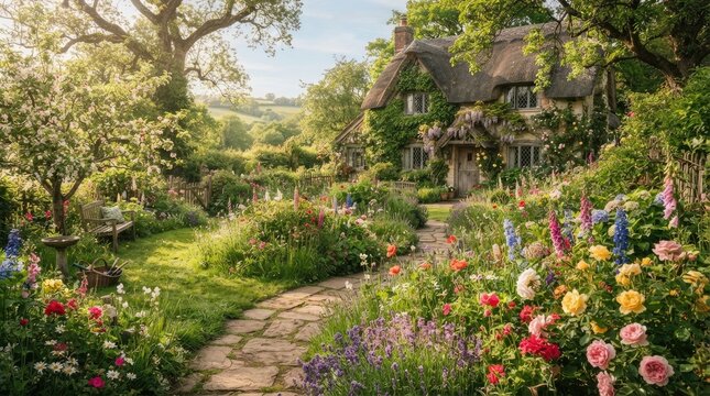 A charming, thatched cottage nestles within a vibrant, flower-filled garden.