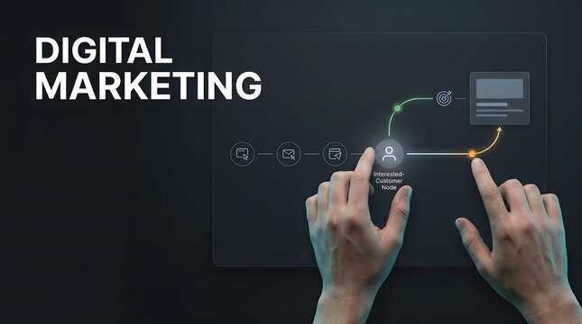 Hands interacting with a digital marketing interface on a dark background