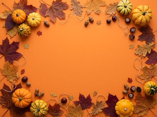 Fototapeta premium Festive Halloween border with decorative pumpkins and dry autumn leaves on orange background with copyspace