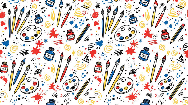 seamless colorful vector pattern with paint brush color palette ink bottles spatter and splash