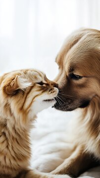 Close up portrait of cat and dog noses touching, showing tender moment between pets against white background