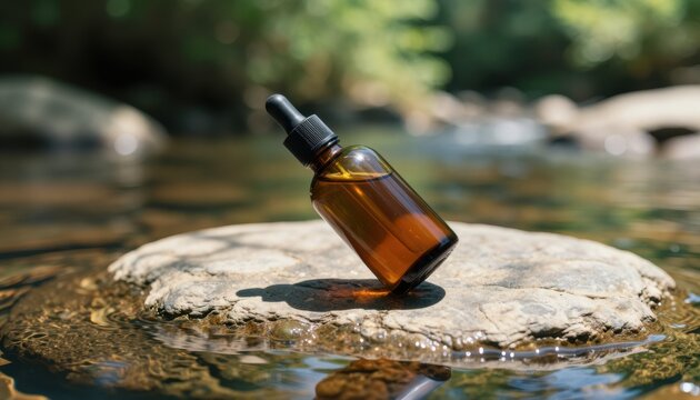 Detailed view of an amber glass dropper bottle resting on a rock beside a flowing stream in a serene natural setting