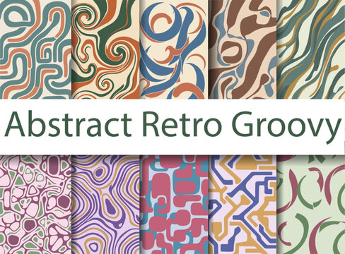 Abstract Retro Groovy Seamless Pattern Set, Vintage Wavy Organic Lines and Swirl Background Collection