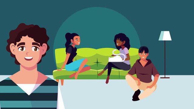 Animation of diverse group of young friends relaxing and chatting in living room with pets and colorful decor.