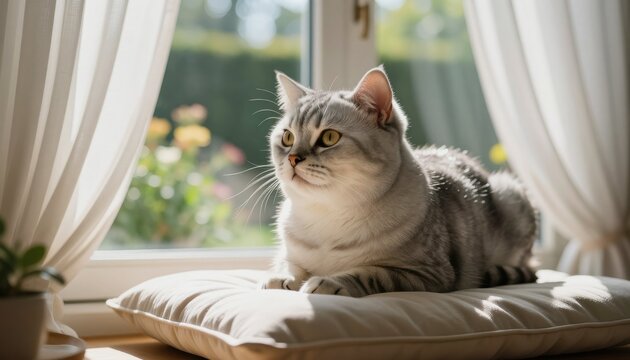 A majestic silver gray domestic cat relaxing by the window with sunlight and greenery in the background