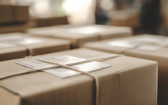 A stack of neatly packed boxes with labels, symbolizing organization and efficiency in packaging and shipping
