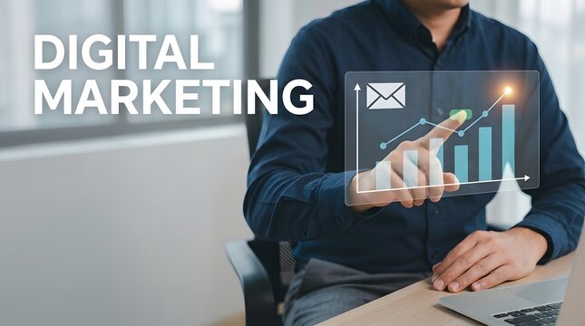 Businessman using digital marketing interface with growth charts and email marketing icons