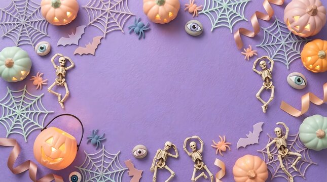 Halloween flat lay border with dancing skeletons, pumpkins, and spider webs on purple background with copyspace