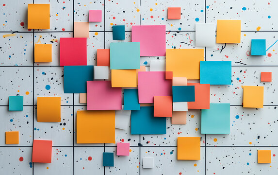 Abstract arrangement of colorful notes on a grid background, representing creative organization and design concepts