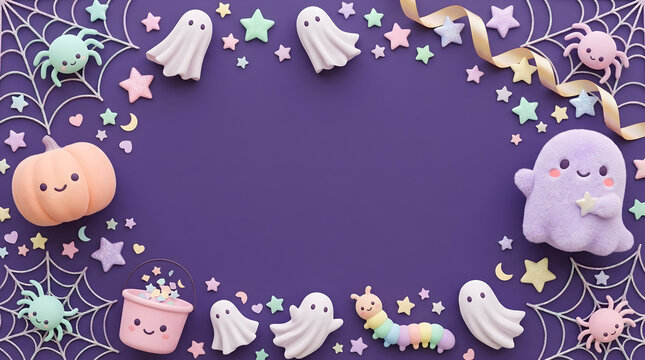 Cute pastel Halloween frame with ghosts and pumpkin on purple background and central copyspace