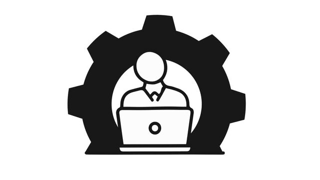 Black icons of business people working on laptops inside gear wheels