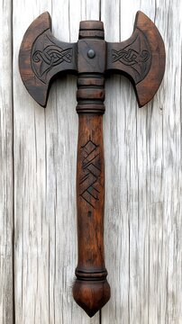 Carved wooden double-headed axe with Celtic knotwork design on a weathered wood background