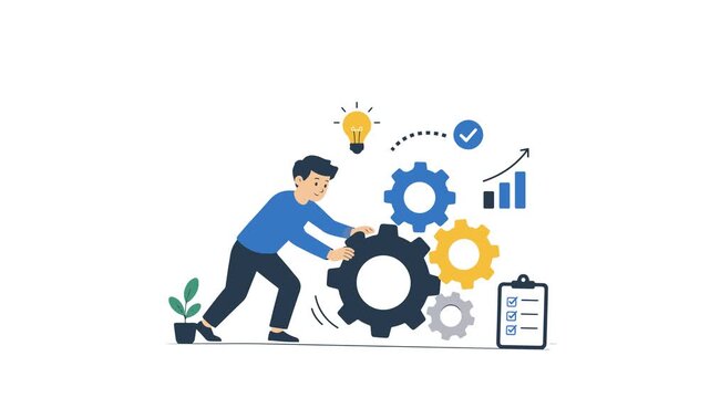 Businessman pushing mechanical gears to optimize workflow