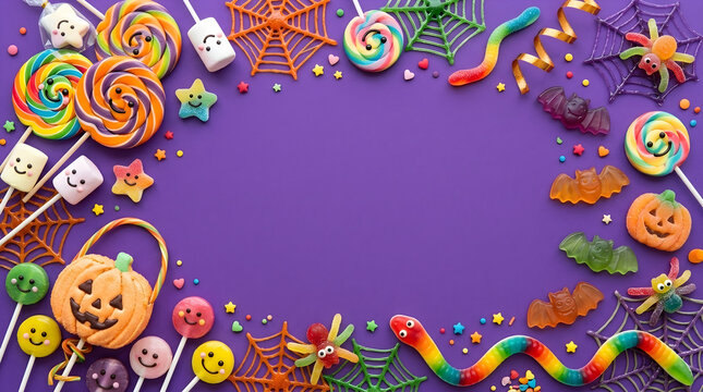 Colorful Halloween candy frame featuring gummy bats, spiders, and lollipops on purple background with copyspace
