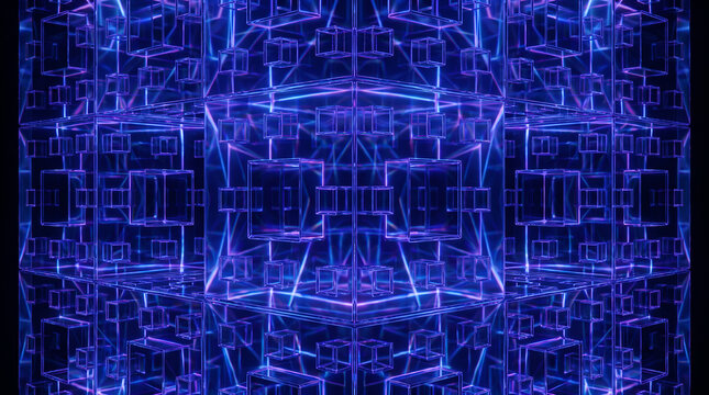 Cyber elements made of transparent glass and liquid acrylic purple blue glow on black backdrop cinematic tech background design cover art visuals 3d rendering of symmetrical fractal glass cube
