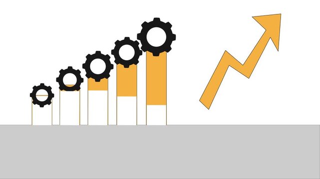 Business growth bar chart with rising arrow and gear icons