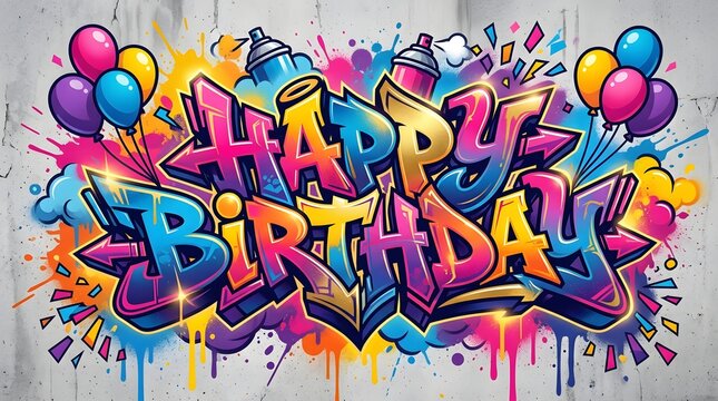 Bright Happy Birthday graffiti lettering surrounded by colorful paint splashes and playful shapes, creating a cheerful festive design for birthday celebrations.