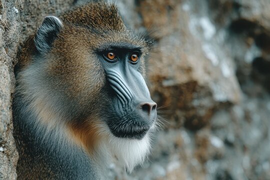 A striking close-up of a drill monkey's face highlights its unique features and captivating gaze, set against a textured backdrop of rock