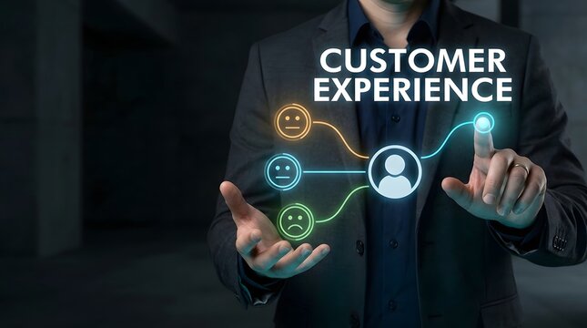 Man interacting with digital customer experience interface in dark office