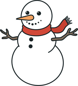 Cute snowman with red scarf vector illustration, winter holiday concept