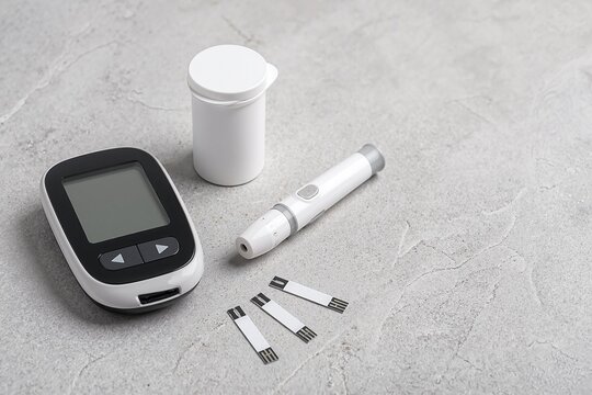 Diabetes management tools including glucometer, insulin pen, and testing strips on gray surface.