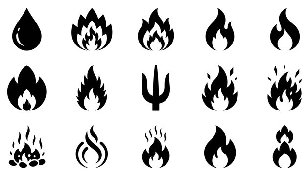 Fire flame vector icon set with black silhouettes of water drop trident campfire bonfire heat and oil gas combustion logo symbols