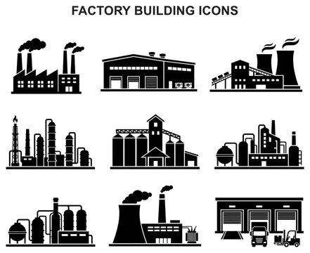 factory building icons industrial plant manufacturing warehouse industry smoke chimney facility architecture symbol vector set glyph black silhouette