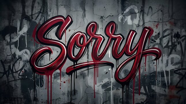 Red and black Sorry graffiti lettering on a weathered concrete wall, combining bold curves, dark shadows, and dripping paint for a dramatic urban composition.