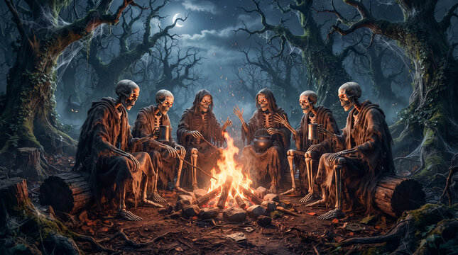Esqueletos encapuchados reunidos alrededor de una hoguera en un bosque oscuro durante Halloween, con calabazas iluminadas y una atm&oacute;sfera misteriosa y sobrenatural.