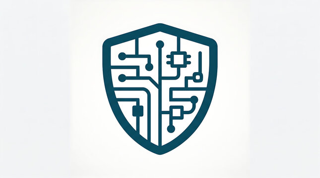 Abstract digital security shield icon featuring circuit board patterns, symbolizing robust network protection, data integrity, and advanced cybersecurity defense for modern technological systems