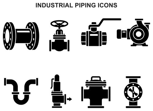 industrial piping icons pipe valve flange pipeline plumbing fittings tube refinery gas symbol vector set glyph black silhouette