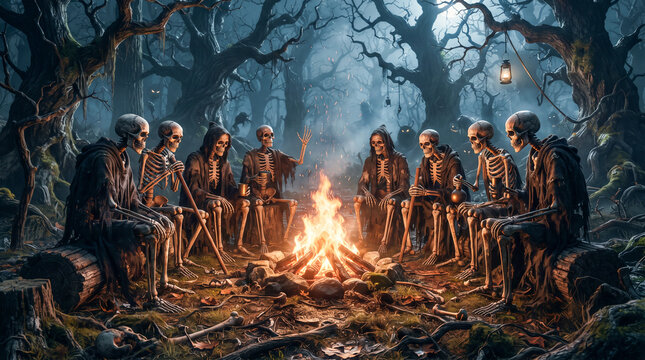 Esqueletos encapuchados reunidos alrededor de una hoguera en un bosque oscuro durante Halloween, con calabazas iluminadas y una atm&oacute;sfera misteriosa y sobrenatural.